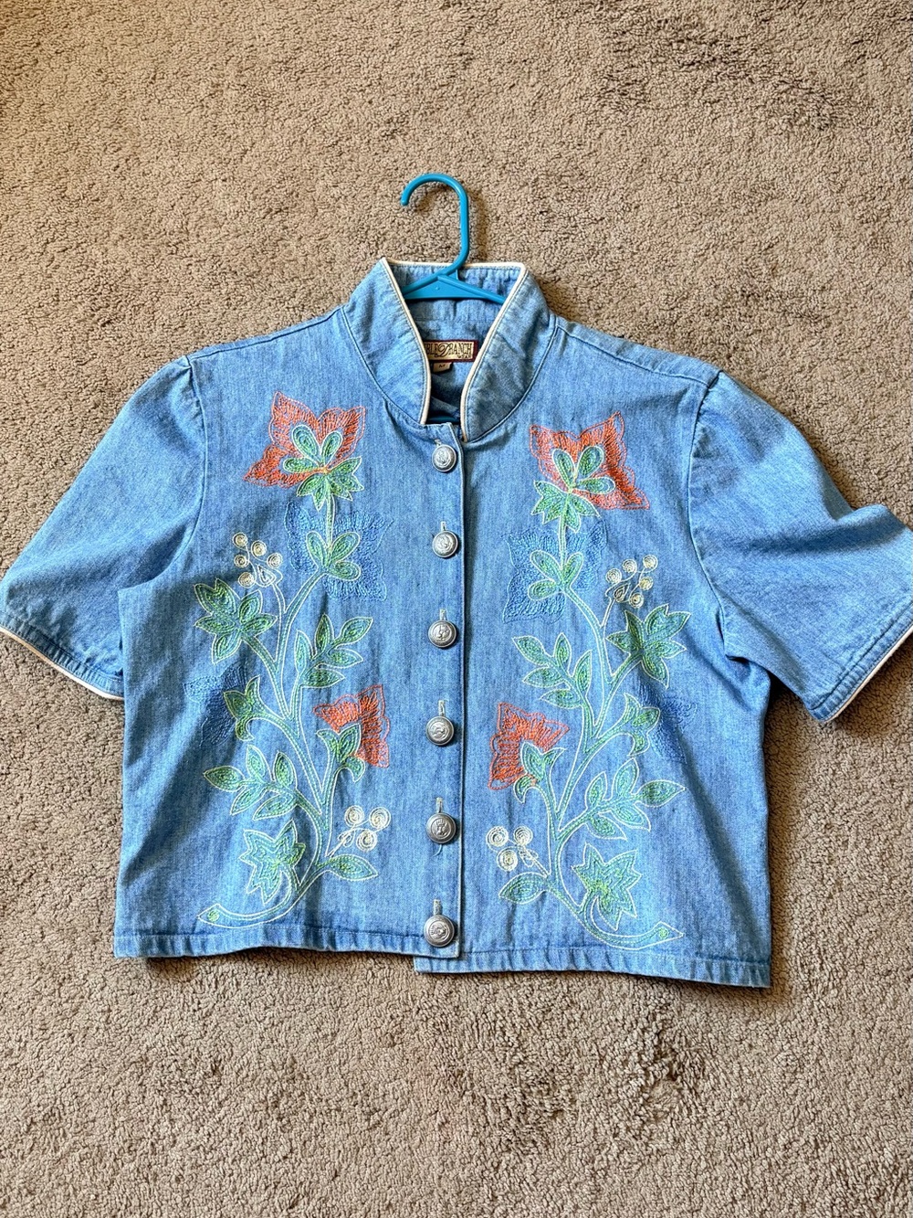 Embroidered Double D Ranch Wear Light Blue Denim Crop Jacket - Floral Detail